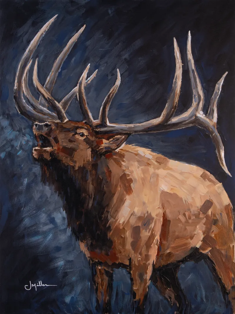 Dramatic Bull Elk Bugle, a painting by Jeff Miller
