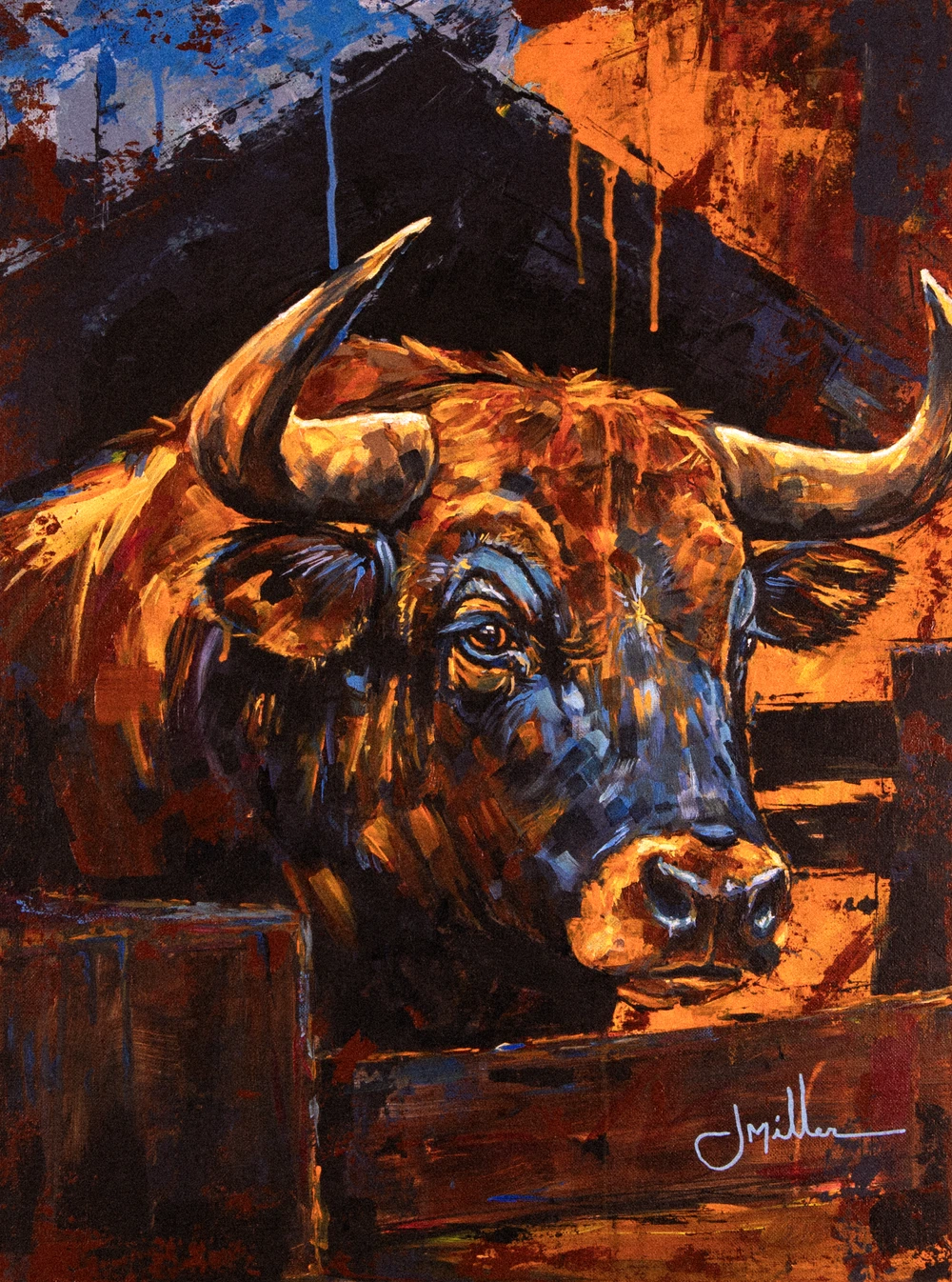 Fence-Line Bull, painting by Jeff Miller, full view