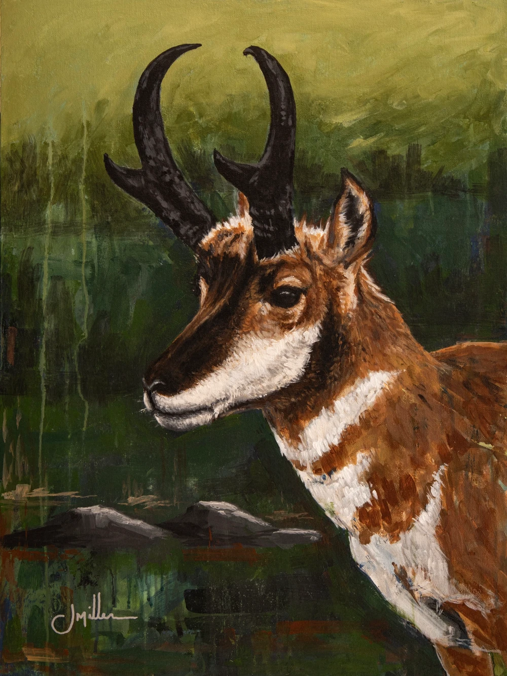 The Speed of the Prairie, a painting by Jeff Miller of a pronghorn in quiet, weathered focus on open prairie