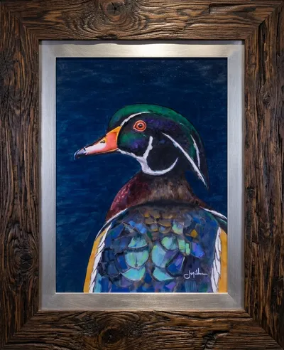 Drake Wood Duck by Jeff Miller, shown framed in a rustic reclaimed-wood frame